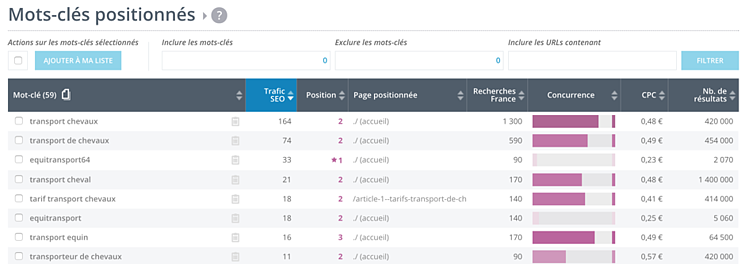 résultats proposés par Yooda Insight concernant le positionnement d’un site web donné