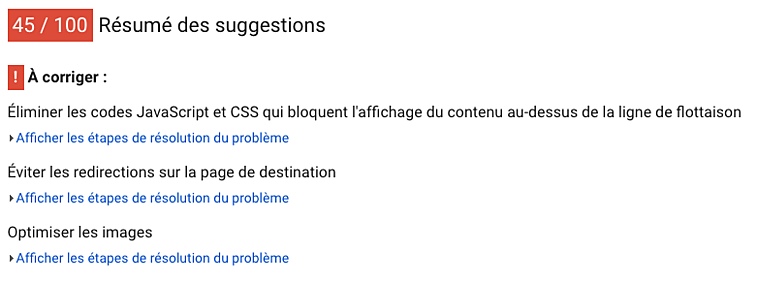 Outil Google d'analyse de rapidité de chargement de page PageSpeed Insights