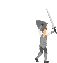 pictogramme d'un homme avec plastron, jambières, brassards et bottes en plaques ainsi qu'un bouclier et une épée à une main