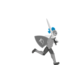 pictogramme d'un homme avec plastron, jambières, brassards, casque et bottes en plaques ainsi qu'un bouclier et une épée à une main