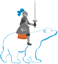 pictogramme d'un homme chevauchant un ours blanc, et étant équipé de jambières, brassards, casque et bottes en plaques ainsi qu'un bouclier et une épée à une main